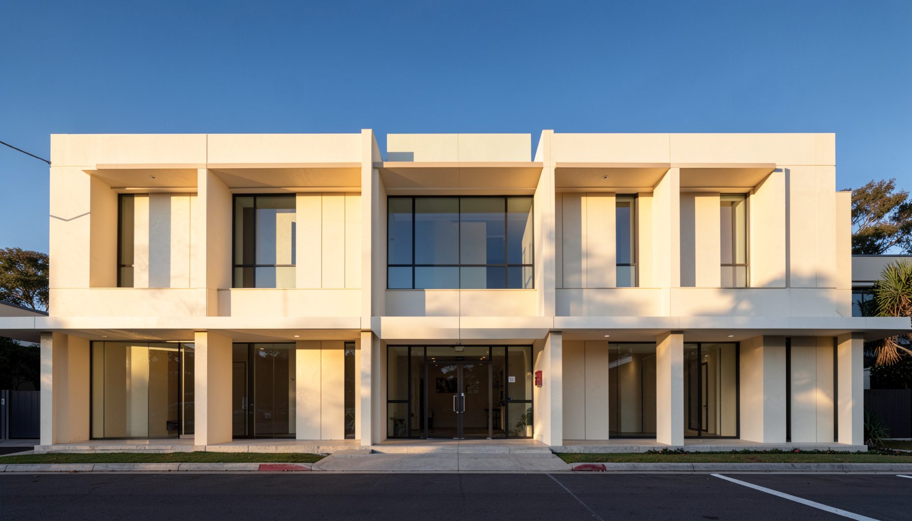 A clean, symmetrical architectural photograph of a modern public health facility exterior in Kingston, with warm cream and beige tones
